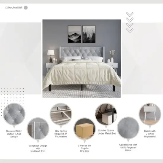 ChaletPosh Velvet Upholstered Bed with 2 Nightstands image {10}