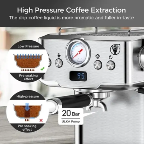 ELJGET Espresso Maker 20 Bar Maker Coffee Machine 1.8L Water Tank, Stainless Steel, Silver image {1}