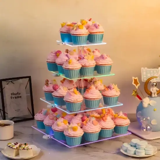 4 Tier Clear Acrylic Cupcake Stand Tower &uml;C Holds 52 Cupcakes with 7-Color Light Effects &uml;C Dessert Display for Weddings, Parties & Celebrations image {5}