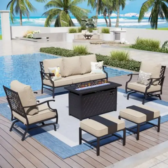 Captiva Designs 6pc Metal Patio Outdoor Conversation Fire Pit Set with Rocking Grid-back Armchairs and Ottomans for Garden, Poolside, Backyard image {10}