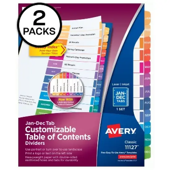 Avery Jan-Dec Dividers for 3 Ring Binders, 12 Tabs per Set, Customizable Table of Contents, Multicolor Tabs (11127) image {8}