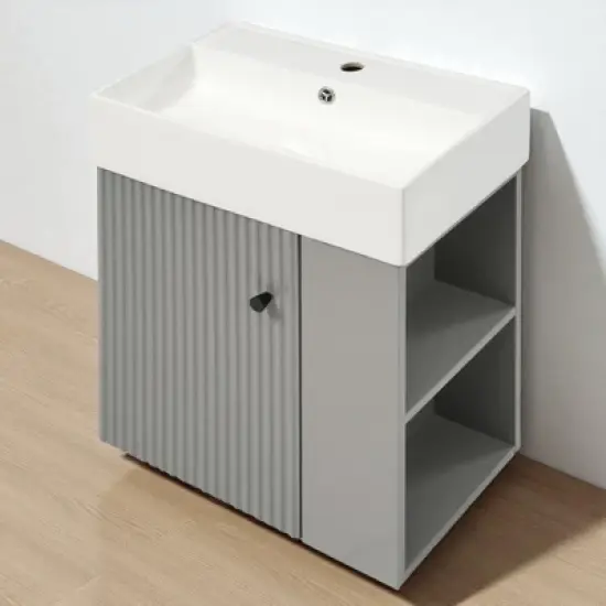 21.6" Floating Bathroom Vanity with Right Side Open Shelves, Wall-Mounted Cabinet with Ceramic Sink, Soft-Close Door image {8}