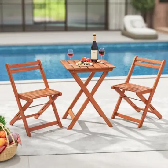 Tangkula 3 PCS Outdoor Wood Bistro Set w/ 2 Folding Chairs & Dining Table for Backyard image {3}