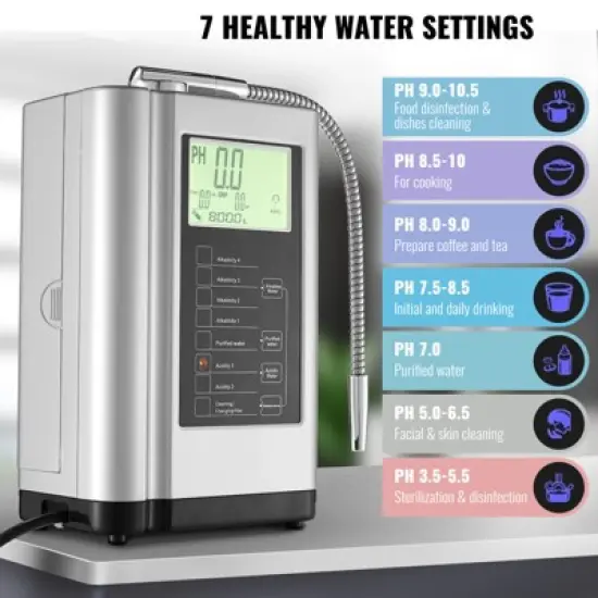 VEVOR Alkaline Water Ionizer Machine, pH 3.5-10.5 Alkaline Acidic Hydrogen Water Purifier, 7 Water Settings Home Filtration System, Up to -650mV ORP image {2}