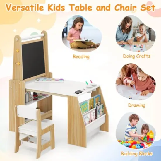 Costway Kids Art Table and Chair Set with  Easel & Chair Whiteboard & Chalkboard Paper Roll image {5}