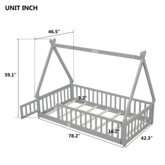 Okak Twin/Full Size Floor Bed Frame with Removable Tent-Shaped Roof &Safety Guardrails for Toddlers 2-6 Years, Easy Assembly Kids Bed, Kids Room image {2}