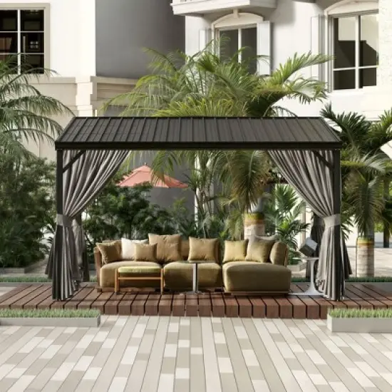 FUFU&GAGA Modern Wall Outdoor Patio Gazebo with Galvanized Steel Hardtop Aluminum Frame, Removable Curtains & Deep Gray Mosquito Netting image {7}
