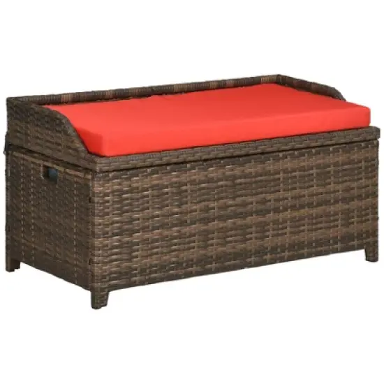 Outsunny Storage Bench Rattan Wicker Garden Deck Box Bin with Interior Waterproof Cloth Bag and Comfortable Cushion image {13}