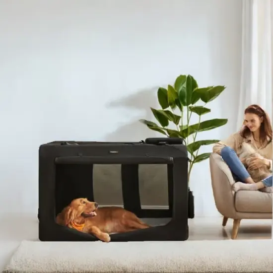 LEDREM 48-Inch Soft Dog Crate, Collapsible Portable for Indoor Outdoor Use - Secure Kennel with Zippers for Home, Car, Travel Camping, Black image {5}