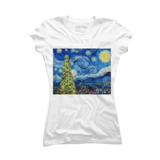 Junior's Design By Humans Van Gogh Starry Night - Christmas Tree By bcstudio T-Shirt image {4}