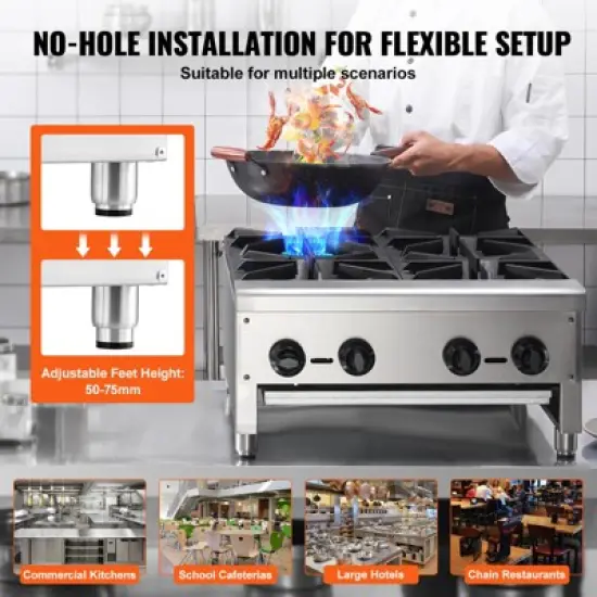 VEVOR Commercial Gas Stove with 4 Burners, Propane and Natural Gas Countertop Cooking Stove Range, Stainless Steel Gas Hot Plate image {6}