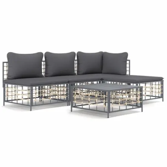 vidaXL 5-Piece Patio Lounge Set with Dark Grey Cushions - Anthracite Poly Rattan, Powder-Coated Steel Frame, Versatile Outdoor Furniture Collection image {10}