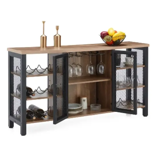 Jomeed Modern Industrial Farmhouse Metal Frame Wooden Buffet Coffee Entertainment Cabinet with Removable Wine Bottle and Stemware Racks image {3}