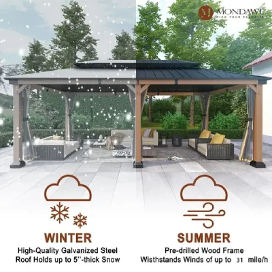 Mondawe 12x20Ft. Outdoor Solid Wood Frame Patio Gazebo Galvanized Steel Hardtop with Netting image {5}