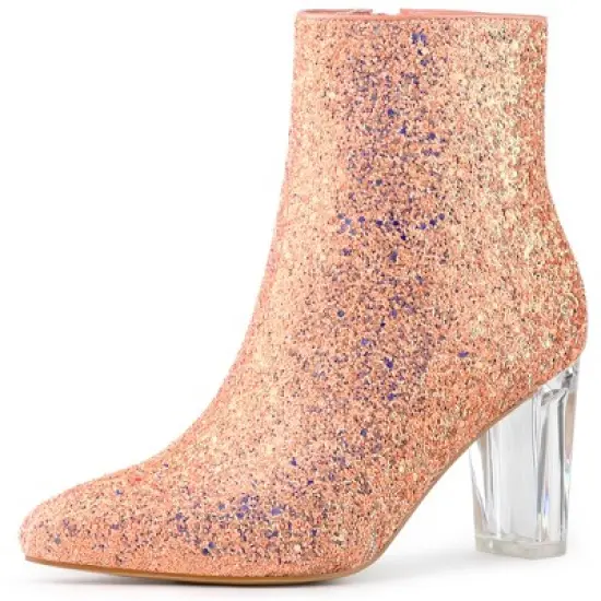 Allegra K Women's Clear Block Heel Glitter Ankle Boots image {14}