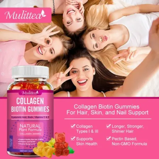 Mulittea Collagen Gummies with Vitamin C, E, Biotin &ndash; Hair, Skin & Nail Health &ndash; Anti-Aging Support, 60 Gummies image {2}