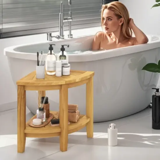 Tangkula Corner Shower Stool Teak Wood Shower Bench w/ Storage Shelf Bathroom Foot Stool image {2}