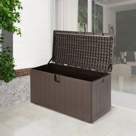 WELLFOR 105gal HDPE Lockable Storage Container Deck Box Brown image {3}