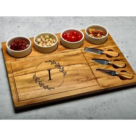 Picnic at Ascot - Large Personalized Monogrammed Premium Acacia Charcuterie Board Set with Ceramic Bowls & Cheese Knives - 17" x 13" image {12}
