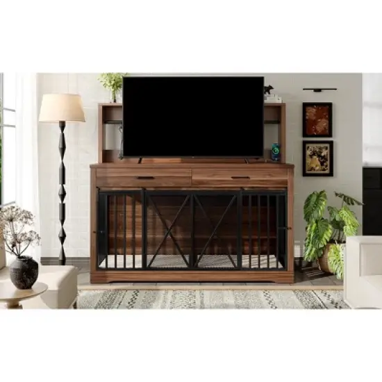 Dog Crate Furniture for Large or 2 Medium Dogs, Heavy Duty Dog Cage Table with 2 Storage Drawers and Shelves,for 2 Dogs with Divider Locks image {11}