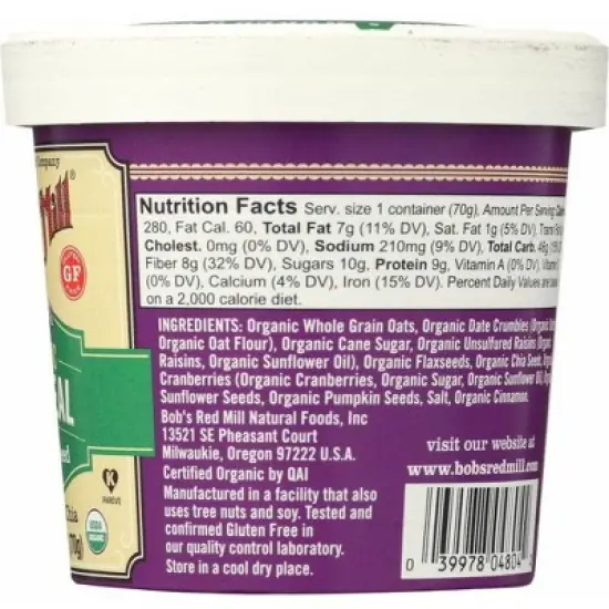 Bob's Red Mill Organic Fruit & Seed Oatmeal Cup - Case of 12/2.47 oz image {4}
