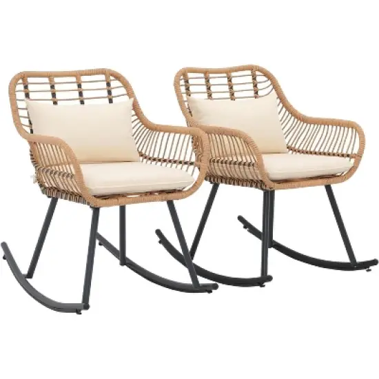 SUGOLD Outdoor Wicker Rocking Chairs Set of 2, Patio Rattan Rocking Chairs with Pillows and Cushions, Front Porch Rocker with Iron Frame for Outside image {1}