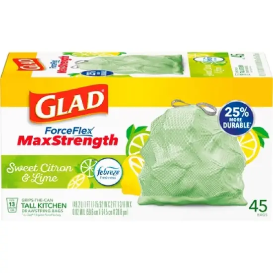 Glad ForceFlex MaxStrength Tall Kitchen Drawstring Trash Bags - Febreze Sweet Citron & Lime - 13 Gallon/45ct image {1}