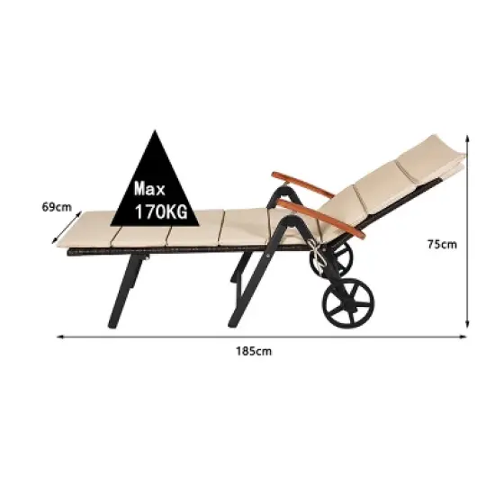 Tangkula 2PCS Folding Outdoor Rattan Chaise Lounge Chair Cushioned Recliner with Wheels& Cushions image {5}