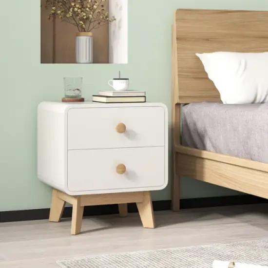 Costway 1/2 PCS Nightstand Mid Century Modern Bedside Table with 2 Drawers Solid Rubber Wood Legs White image {3}