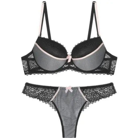 Agnes Orinda Women's Underwire Push-Up Lace Trim Strip Bra and Thong Set image {5}