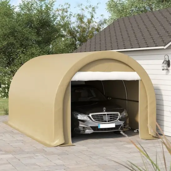 Gulches 10' x 16' Heavy Duty Carport, Portable Garage Storage Tent with Large Zippered Door, Anti-UV PE Canopy for Car, Truck, Boat & Tools (Beige) image {8}