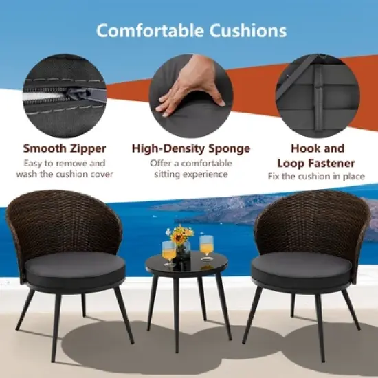 Costway 3PCS Patio Rattan Bistro Furniture Set Cushioned Chair Table Garden image {5}