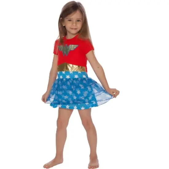 DC Comics Girls Wonder Woman Gold Foil Logo 3 Tiered Costume Pajama Nightgown Multicolored image {2}