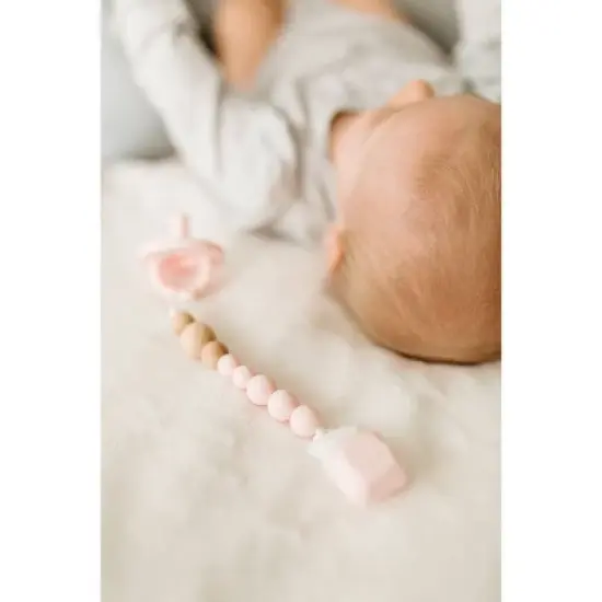Loulou Lollipop Silicone + Wood Soother Holder in Silicone Clip - Color Pop Pink Quartz image {1}