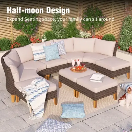Captiva Designs 12pc Outdoor Wicker Rattan Patio Half-Moon Curved Sectional Sofa Set with Cushioned Ottoman image {2}