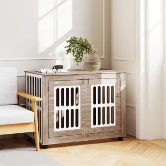 PawHut Dog Crate Furniture, 39" Dog Kennel Side Table with 2 Doors, Adjustable Non-slip Foot Mats, Decorative Pet Cage for Large Dogs, Walnut Brown image {5}