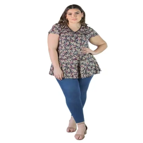 Large Black Short-Sleeved V-Neck T-Shirt Top with a Floral Pattern image {4}