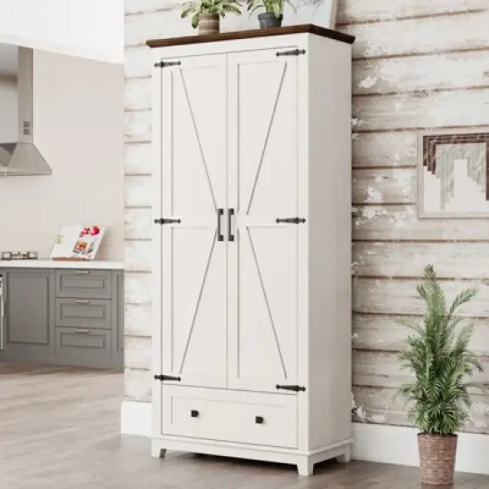 AMERLIFE Farmhouse Kitchen Pantry Cabinet, 72" Tall Storage Cabinet with Adjustable Shelves & Barn Doors image {7}