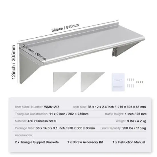 VEVOR 12" x 36" Stainless Steel Shelf, Wall Mounted Floating Shelving with Brackets, 250 lbs Load Capacity Commercial Shelves image {7}