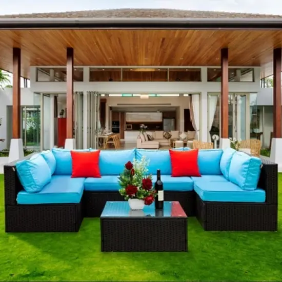 ELJGET Patio Furniture Set Outdoor Wicker Conversation Sets All Weather PE Rattan Sectional Sofa Set with Cushions & Coffee Table image {15}