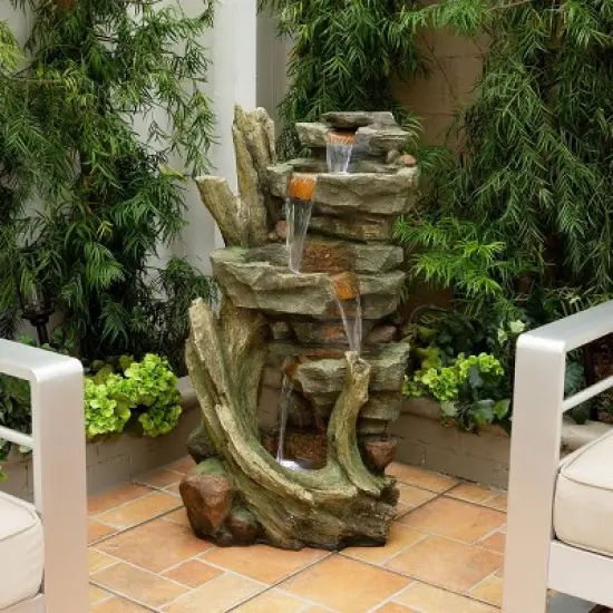 Cascading Stone Tower Fountain With Cool White LED Lights - Alpine Corporation image {1}