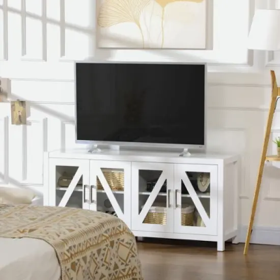 HOMCOM TV Cabinet Stand for TVs up to 58", Entertainment Center with Adjustable Shelves, 4 Glass Doors and 4 Cable Holes for Living Room, White image {1}