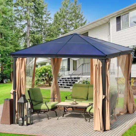 Aoodor 10'x 10' Patio Gazebo Polycarbonate Roof Black image {3}