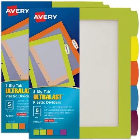 Avery Ultralast Big Tab Plastic Dividers for 3 Ring Binders, 5 Tab Set, Multicolor, 2 Sets (24900) image {8}