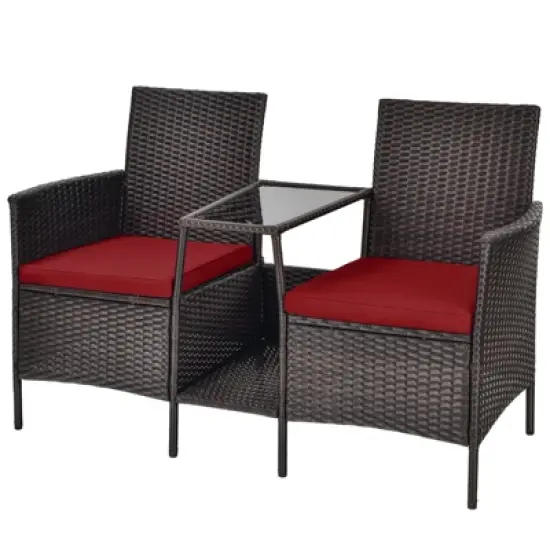 Tangkula Patio Loveseat 2 Person Cushioned Seats With Center Table Outdoor Rattan Furniture Set Turquoise/ Red image {8}