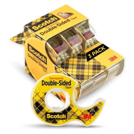 Scotch Double Sided Tape, Office and School Supplies, 0.5 in. x 250 in., 3 Tape Rolls With Tape Dispenser: Clear Plastic, Double Stick, Two Sided image {1}