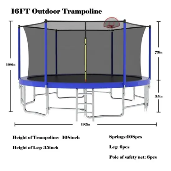 HFYee 8/10/12/14/10*16FT Backyard Trampoline Basketball Kit with Bonus Balls & Safety Enclosure for Ages 8+, Blue image {5}