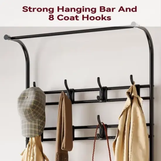 Narrow Hall Tree Storage Bench, 4-in-1 Coat Rack with 3-Tier Shelf and 8 Hooks, Rustic Grey image {4}