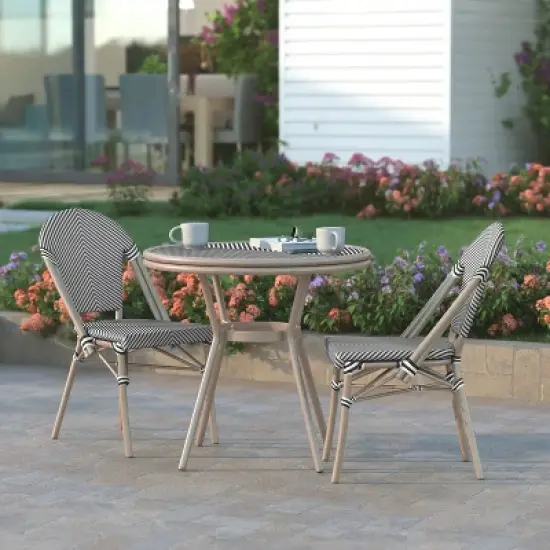Emma & Oliver Massalia Indoor/Outdoor Bistro Style 31.5 in. Table with Textilene, Glass Top, and Two Chairs - Metal Frame image {2}
