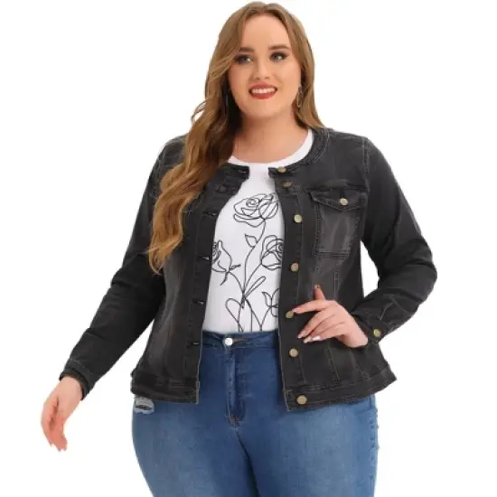 Agnes Orinda Women's Plus Size Jean Jacket Long Sleeves Collarless Denim Jacket image {10}